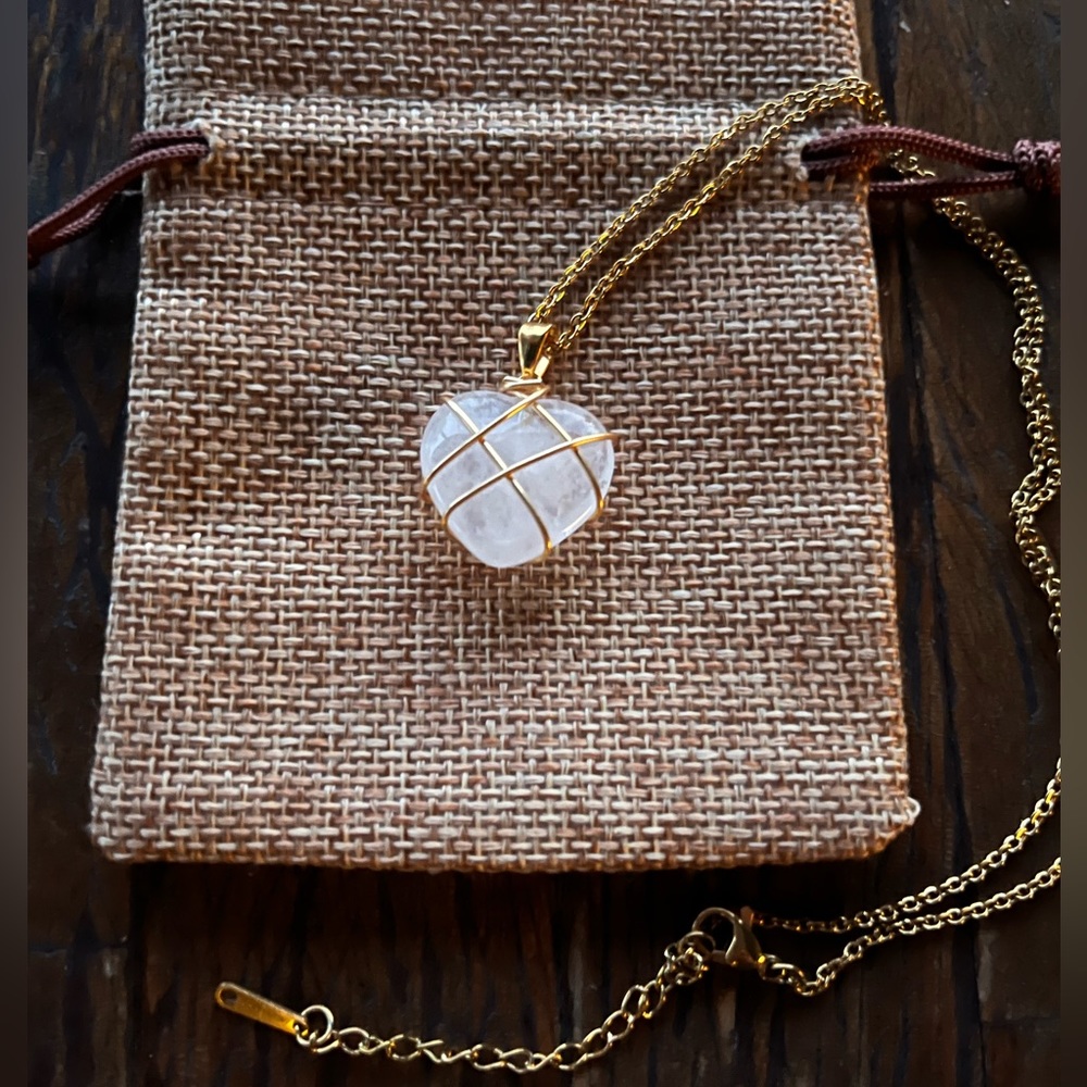 Brand New Wire-Wrapped Clear Quartz Heart Pendant with Stainless Steel Chain